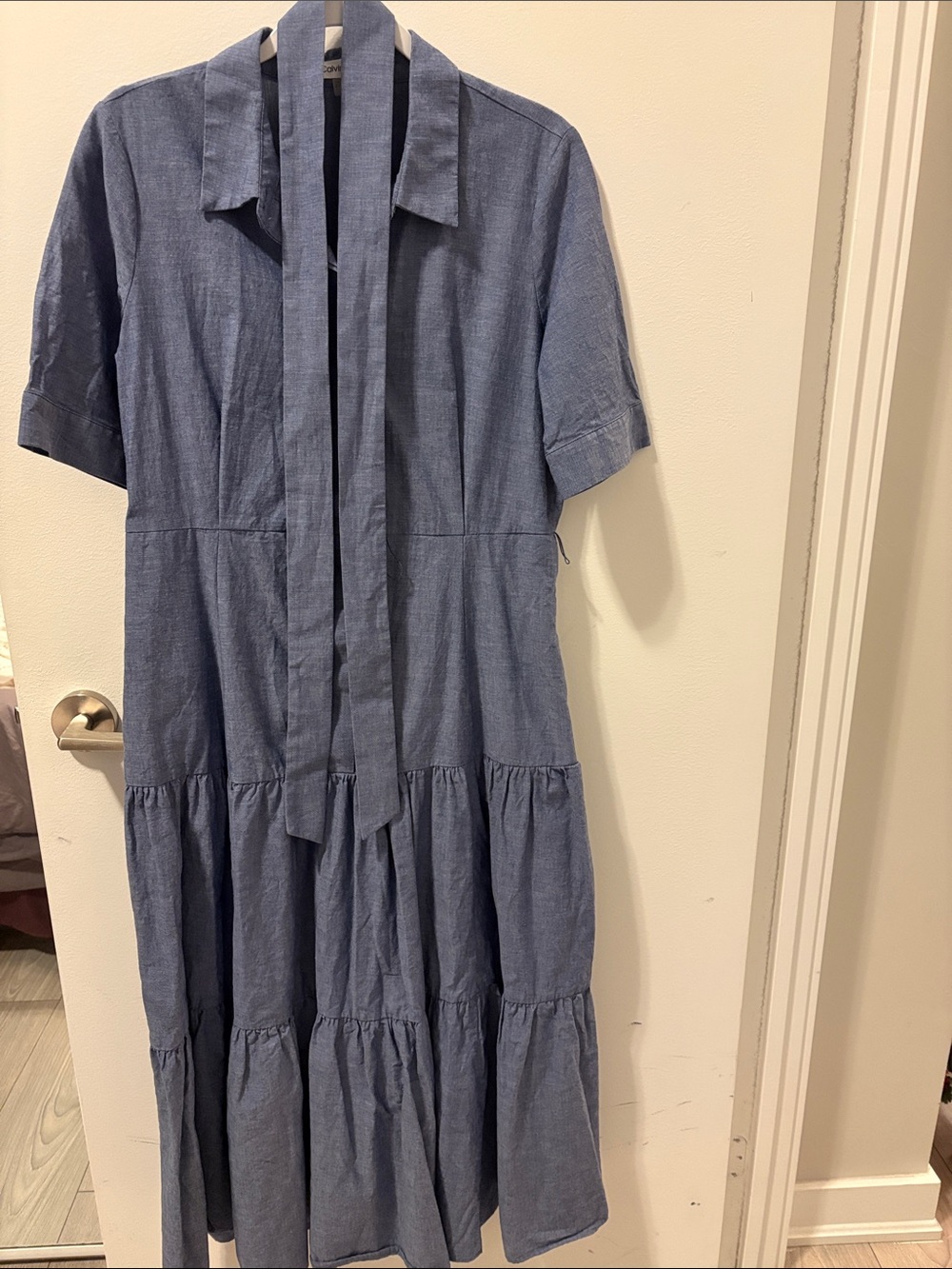 Calvin Klein Chambray Button-Up Shirt Dress in Light Blue/Grey - cotton